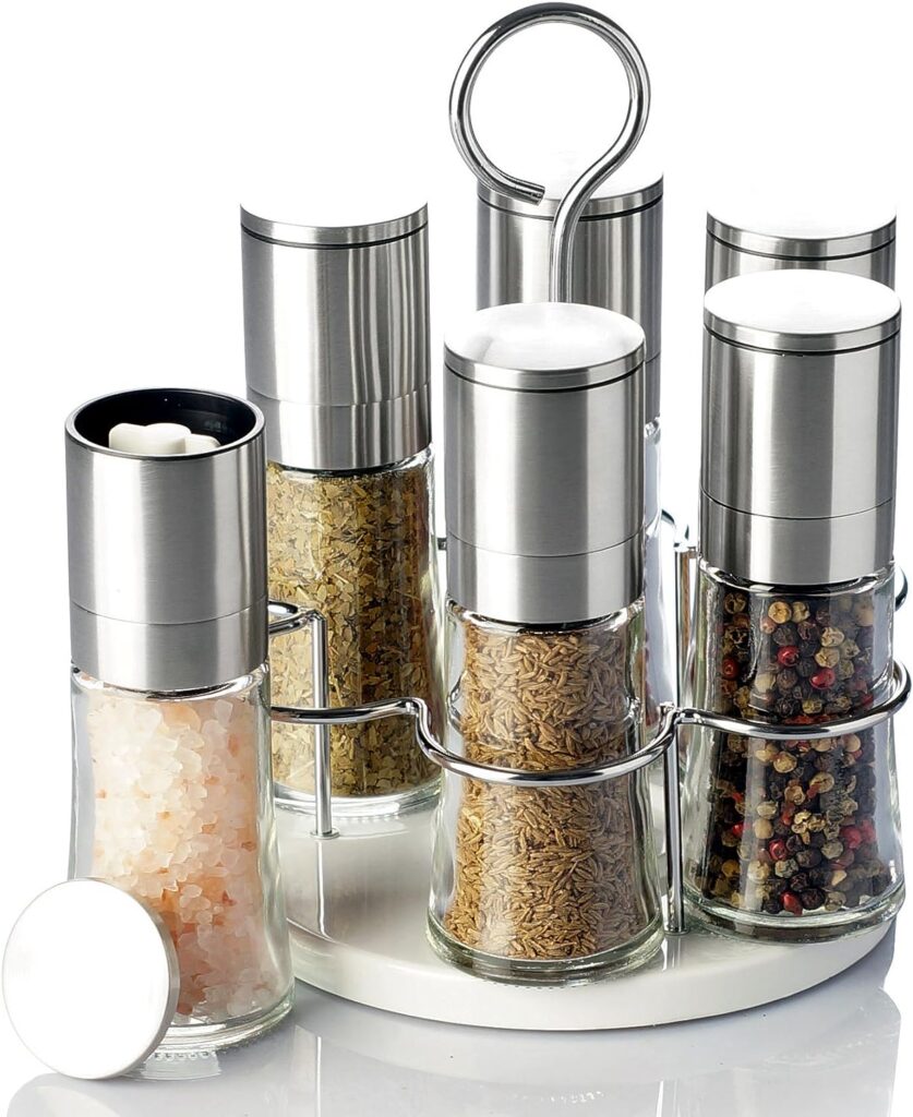 1aTTack.de Pepper Mill, Set of 6 with Rotating Stand – Real Glass – Ceramic Grinder – Stainless Steel Salt Pepper Mill, Chilli Mill – Gastro Set – Without Spice Content – 70 ml Set of 6 Stainless Steel