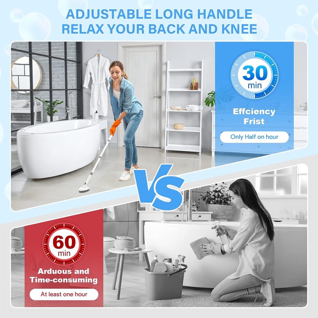 3 in 1 Scrubber with Handle, Scrubber Shower Cleaning Brush 130.81 cm Removable Long Handle Stiff Bristles for Bathroom, Bathtub, Kitchen, Toilet Wall, Glass Baseboard, Tiles