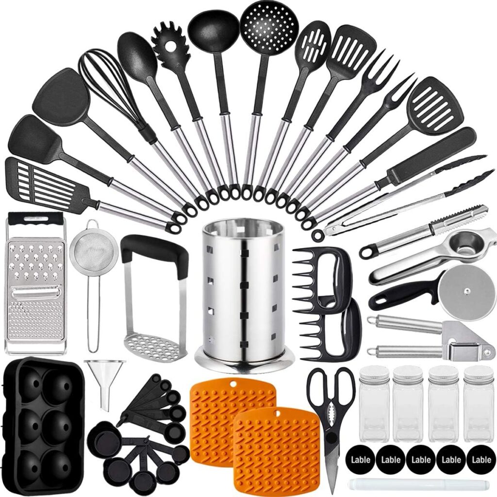 Artcome 50 Pcs Kitchen Utensils Set Nylon and Stainless Steel Cooking Utensils with Utensil Holder Spatula Spoon Tongs Whisk Cookware Set Kitchen Utensils Kitchen Accessories