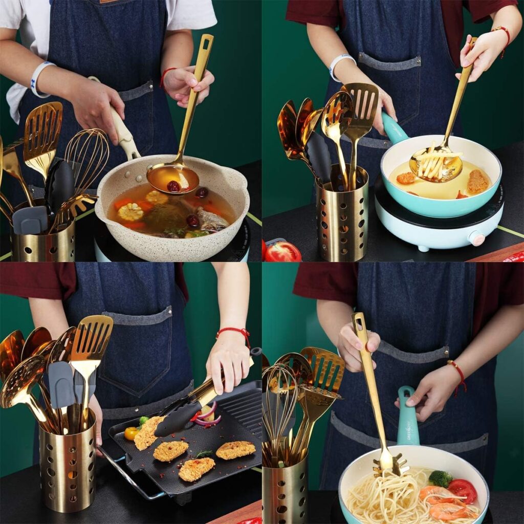 Berglander gold cooking utensils set, stainless steel 13 piece kitchen utensils set with titanium plating, kitchen utensils set with utensil holder, dishwasher safe, easy to clean