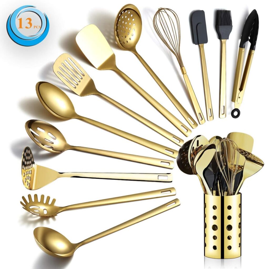 Berglander gold cooking utensils set, stainless steel 13 piece kitchen utensils set with titanium plating, kitchen utensils set with utensil holder, dishwasher safe, easy to clean