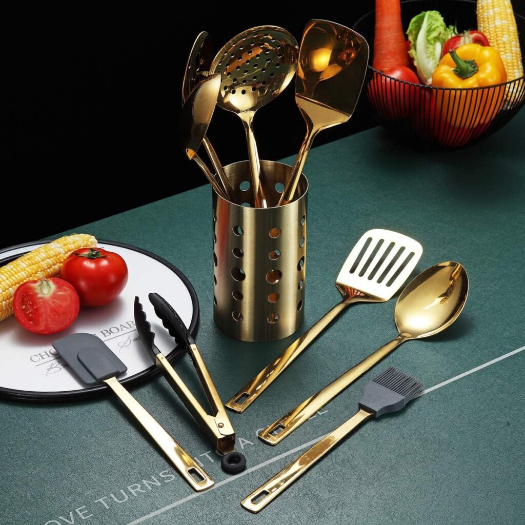 Berglander gold cooking utensils set, stainless steel 13 piece kitchen utensils set with titanium plating, kitchen utensils set with utensil holder, dishwasher safe, easy to clean