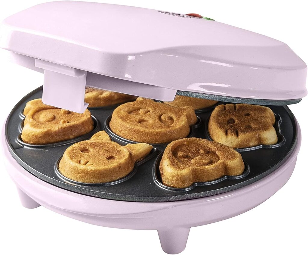 Bestron Animal Mini Cookie Maker Waffle Iron with Baking Light  Non-Stick Coating, 700 Watt, Pink