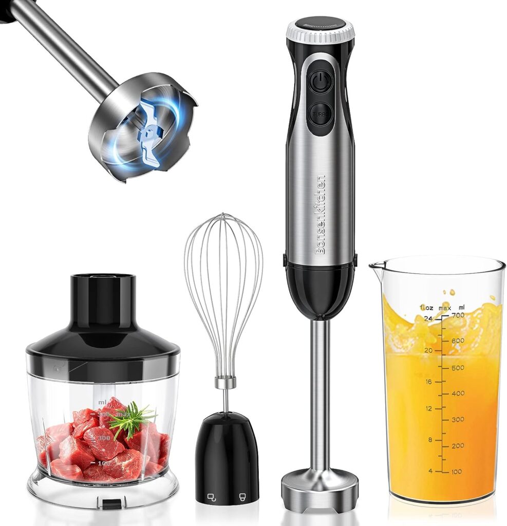 Bonsenkitchen Pürierstab, 4-en-1 Stabmixer Elektrischer, 1000W Stufenlos Geschwindigkeiten Pürierstab Edelstahl, Schneebesen, 500ml Zerkleinerer und 700ml Messbecher für Babynahrung, HB3203 (Schwarz)