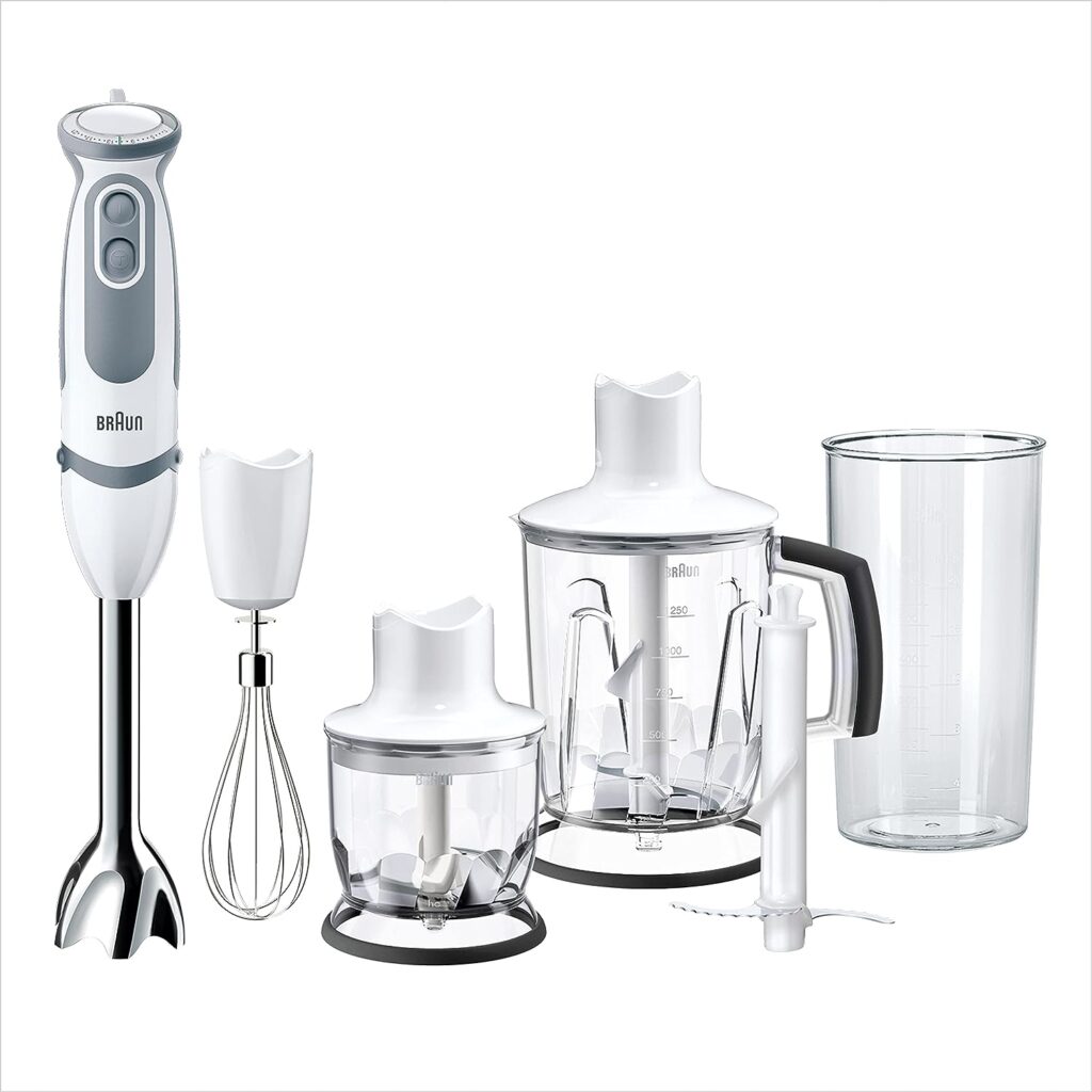 Braun MultiQuick 5 Vario MQ 5245WH Hand Blender – Purée Stick with Stainless Steel Mixing Base, 1,000 W, Includes 4-Piece Accessory Set, White/Grey