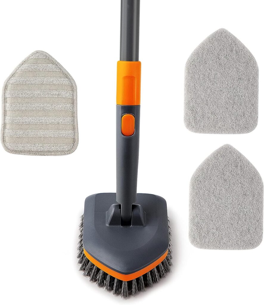 CLEANHOME 3-in-1 Effect Scrubber with Handle, Includes Bristle Brush, Scrub Cloth Pad and Microfibre Cloth Pad, 142 cm Long Bathroom Cleaning Brush for Cleaning Bathroom, Toilet, Balcony