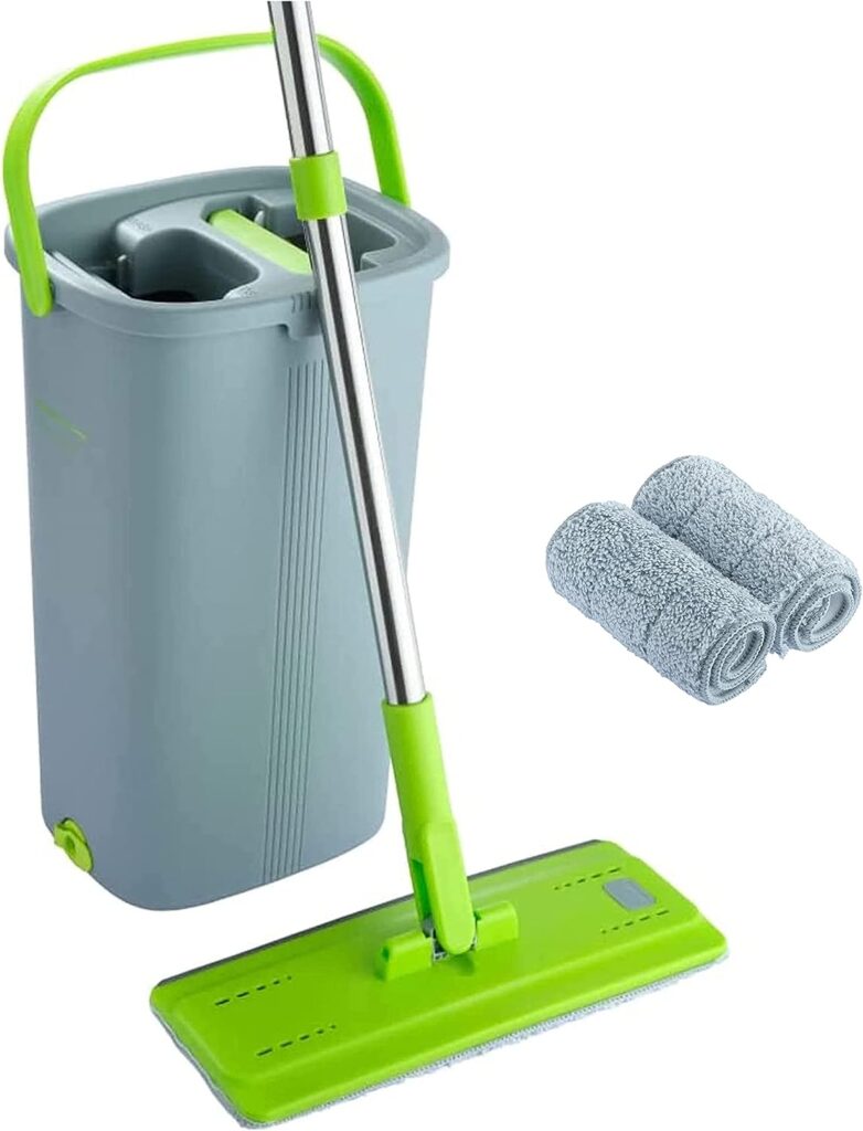 EasyGleam Mop and Bucket Set, Flat Mop with Stainless Steel Handle, Innovative Twin Chamber Bucket for Wet  Dry Use, 2 Reusable Pads Supplied, Suitable for All Floor Types