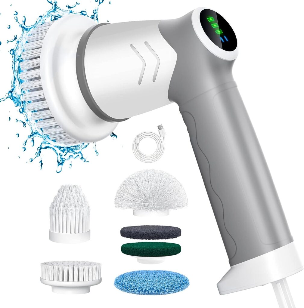 Electric cleaning brush, spin scrubber for bathroom and joints, cleaning brush for household with 6 brush heads, 2 modes, perfect for deep cleaning of tiles, kitchen, barbecue, glass and tyre LED display