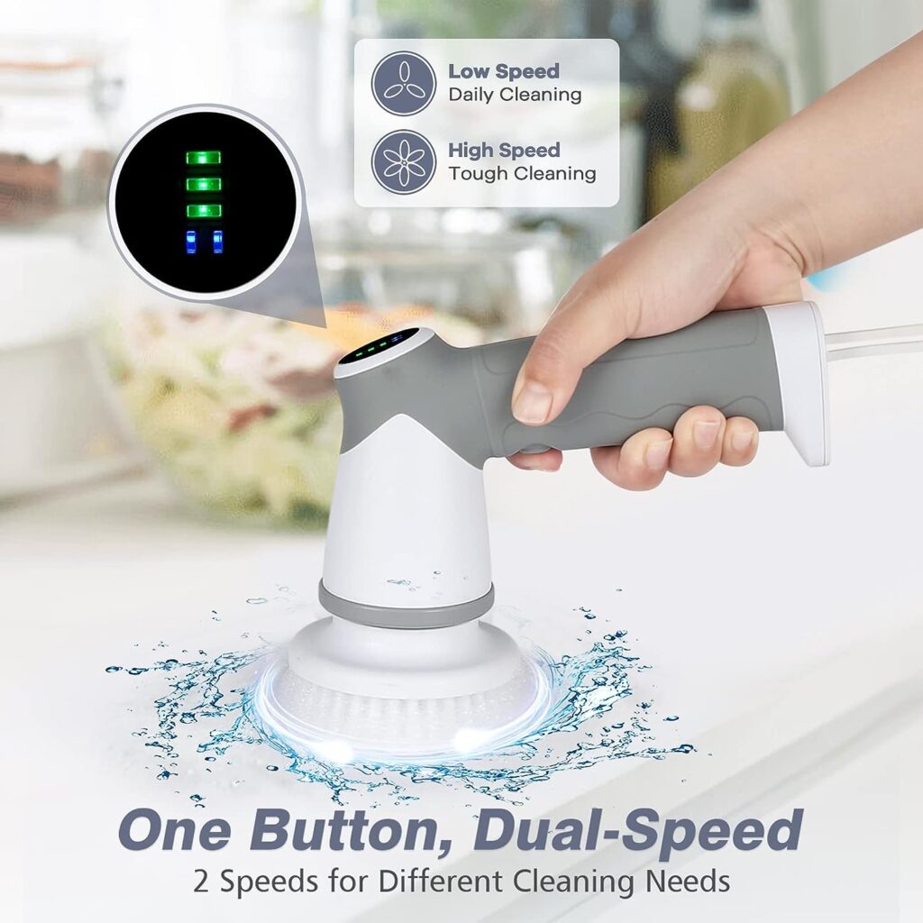 Electric Cleaning Brush, Spin Scrubber with LED Display, 2 Speed Cleaning Brush with 6 Interchangeable Brush Heads for Bathroom, Kitchen, Grill, Sink, Wheels, Household Helper