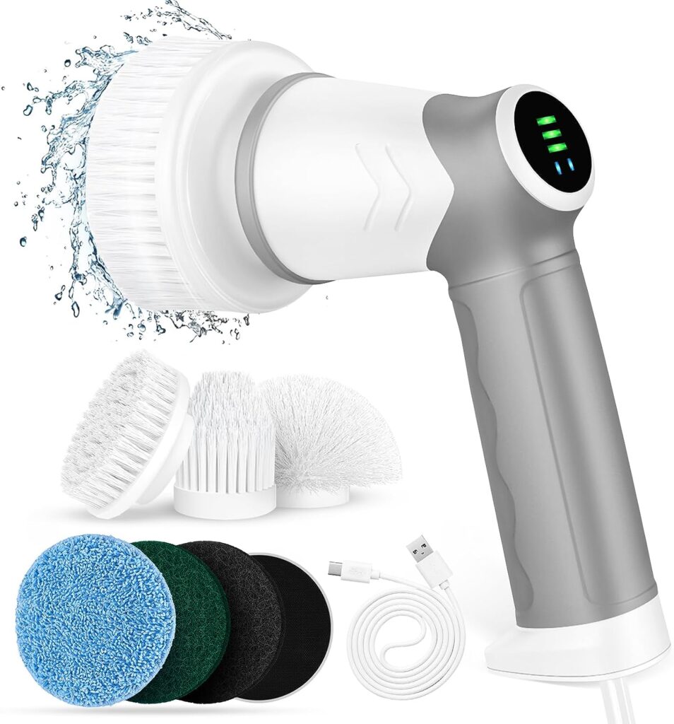 Electric Cleaning Brush, Spin Scrubber with LED Display, 2 Speed Cleaning Brush with 6 Interchangeable Brush Heads for Bathroom, Kitchen, Grill, Sink, Wheels, Household Helper