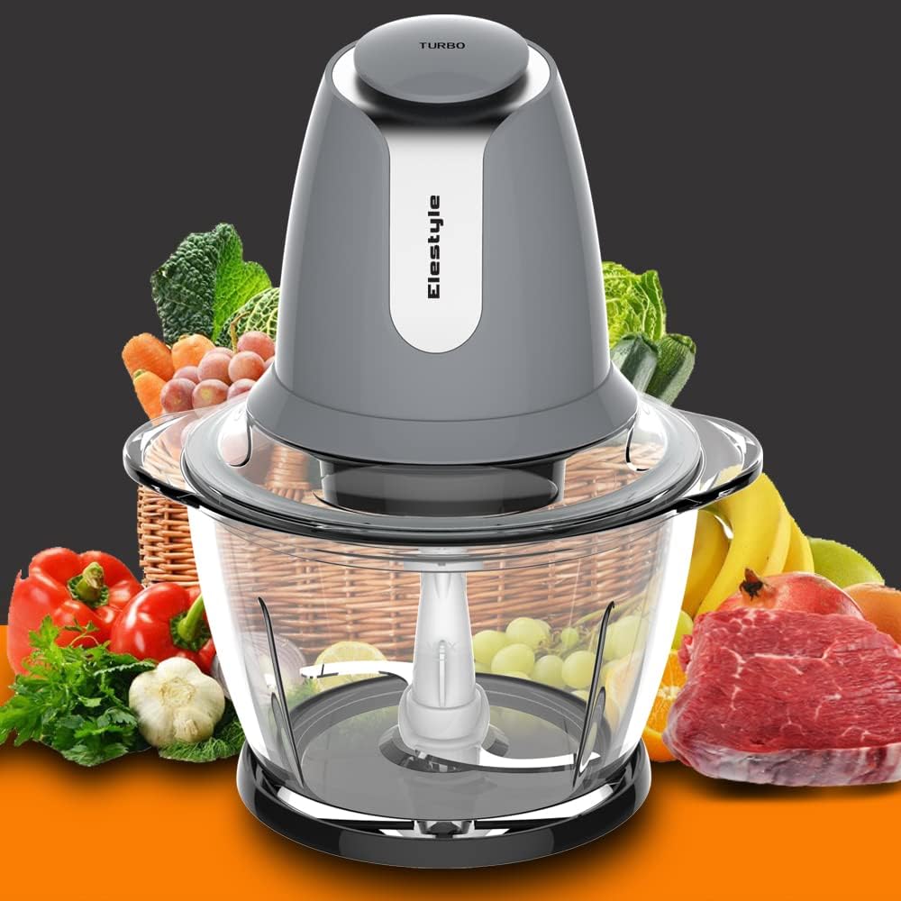 ELESTYLE Electric Kitchen Chopper, 500 Watt Universal Chopper with 1.2 L Glass Container, Meat Grinder, Multi Chopper with 2 Speed Levels, for Meat, Vegetables, Fruit, Crushed Ice