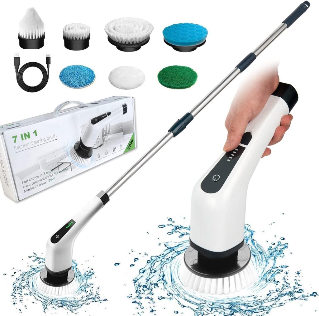 FARI Electric Cleaning Brush, 360° Rotating Spin Scrubber with 7 Adjustable Brush Heads, Cleaning Brush for Corners, Toilet, Kitchen, Bathroom, Window, Base Plate (TX-910-EU-W)