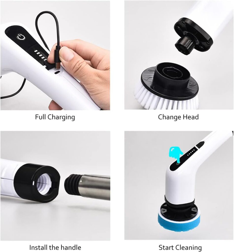 FARI Electric Cleaning Brush, 360° Rotating Spin Scrubber with 7 Adjustable Brush Heads, Cleaning Brush for Corners, Toilet, Kitchen, Bathroom, Window, Base Plate (TX-910-EU-W)