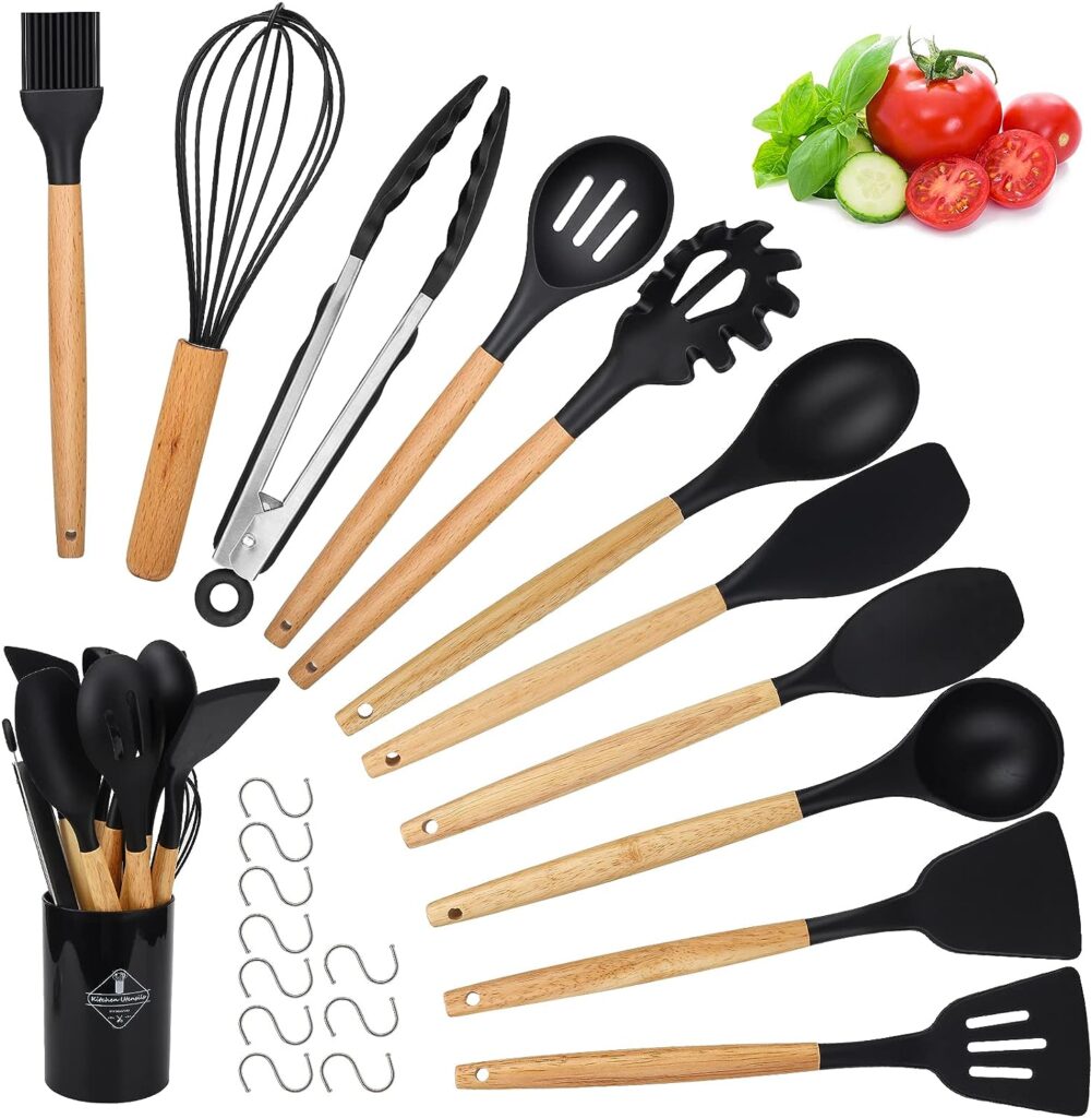 Hicoosee Kitchen Utensil Set, 22-Piece Kitchen Utensil Set with S-Hooks, BPA-Free, Cooking Cutlery Set with Wooden Handle and Hanging Hole, Black