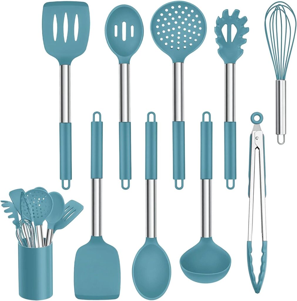 Homikit Kitchen Utensil Set, 10 Pieces Silicone Kitchen Utensils Cooking Cutlery Set, Non-Stick Heat Resistant Cooking Utensils Set with Stainless Steel Handle, Healthy, Dishwasher Safe - Blue