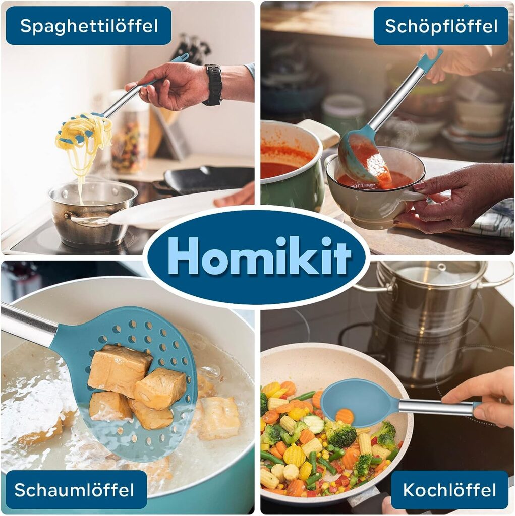 Homikit Kitchen Utensil Set, 10 Pieces Silicone Kitchen Utensils Cooking Cutlery Set, Non-Stick Heat Resistant Cooking Utensils Set with Stainless Steel Handle, Healthy, Dishwasher Safe - Blue