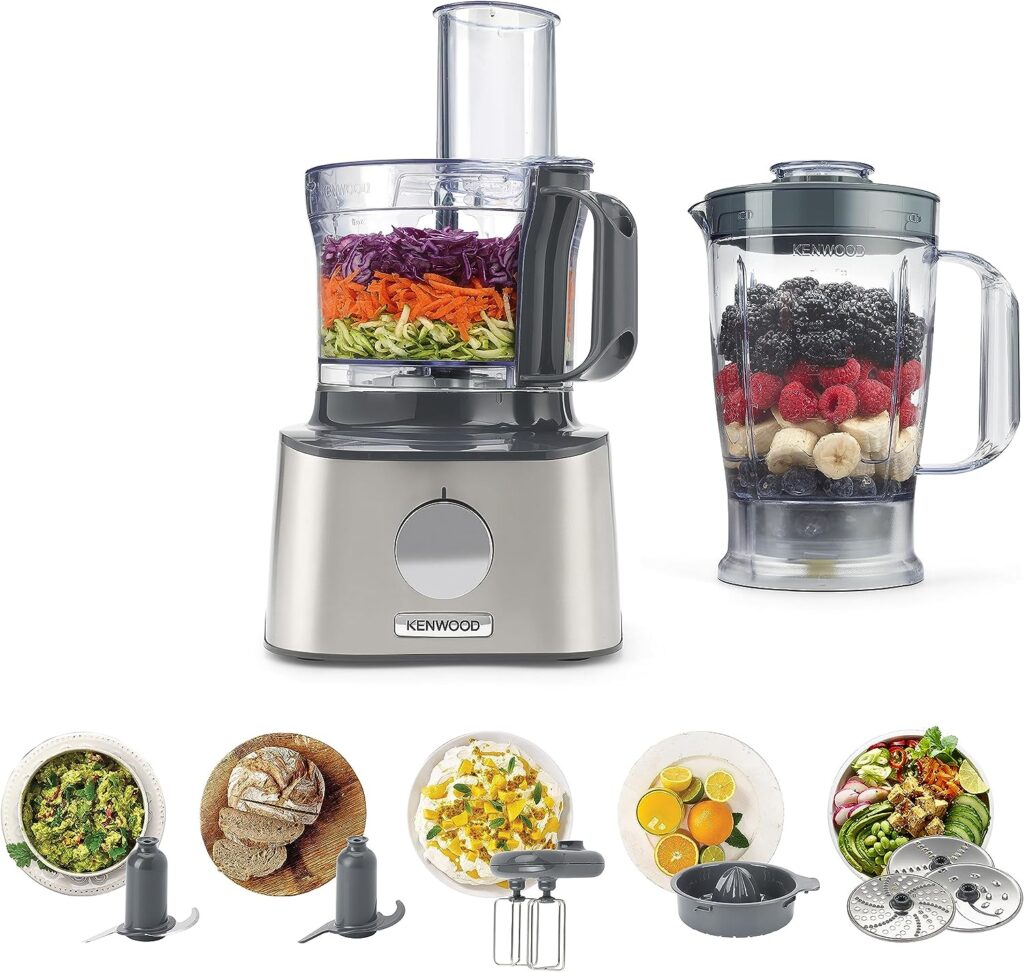 Kenwood FDM301SS Multipro Compact Food Processor, Powerful Kitchen Gadget with 2.1L Container, Acrylic Mixer, Double Whisk, Metal Housing