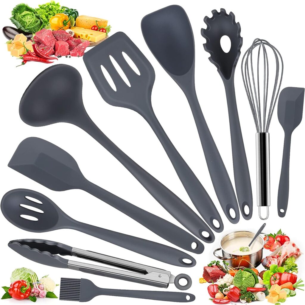 Kitchen Utensil Set, FDA Cookware Silicone Kitchen Utensils Set, Black, Advanced Heat Resistant Kitchen Utensils, Cooking Accessories, Non-Stick Kitchen Baking Tools, Whisk, Barbecue Tongs, etc., 10