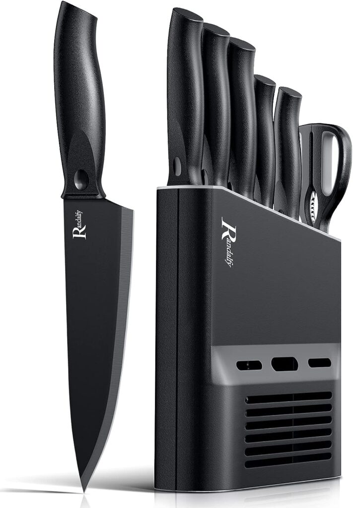 Knife Set with Knife Block Set, 7-Piece Chefs Knife Set with Knife, Scissors, Knife Block for Chopping Meat/Vegetables/Fruit, Slicing, Dicing