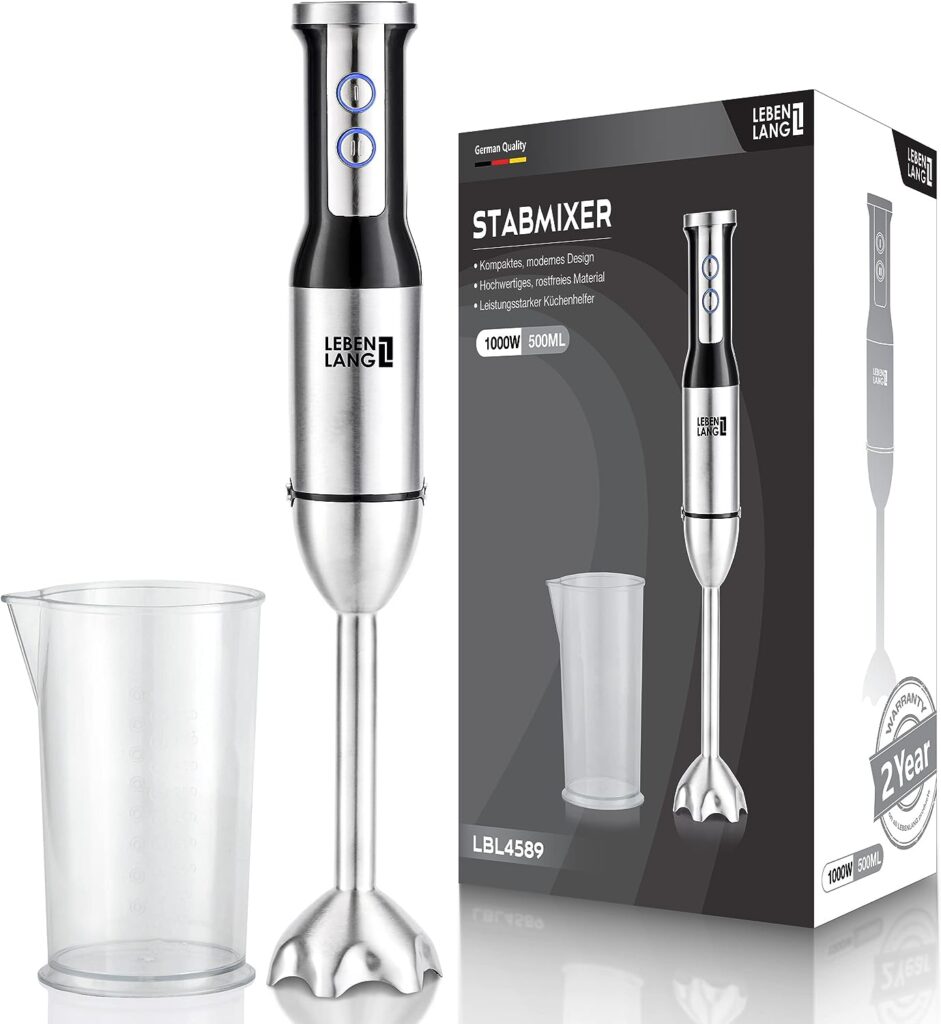 LEBENLANG 1000 W Hand Blender Stainless Steel with Splash Guard and 8 Levels Plus Turbo High-Quality Purée Stick Stainless Steel and Mixing Rod Kitchen Wand Hand Blender Stirring Stick - Mixer 1000 Watt