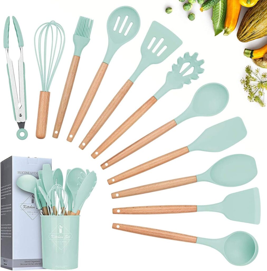 Lychee Silicone Cookware Set, 12 Pieces, Advanced Heat-Resistant Kitchen Appliances, Cooking Accessories, Non-Stick Kitchen Baking Tools, Cooking Tool, BPA-Free (Light Green)