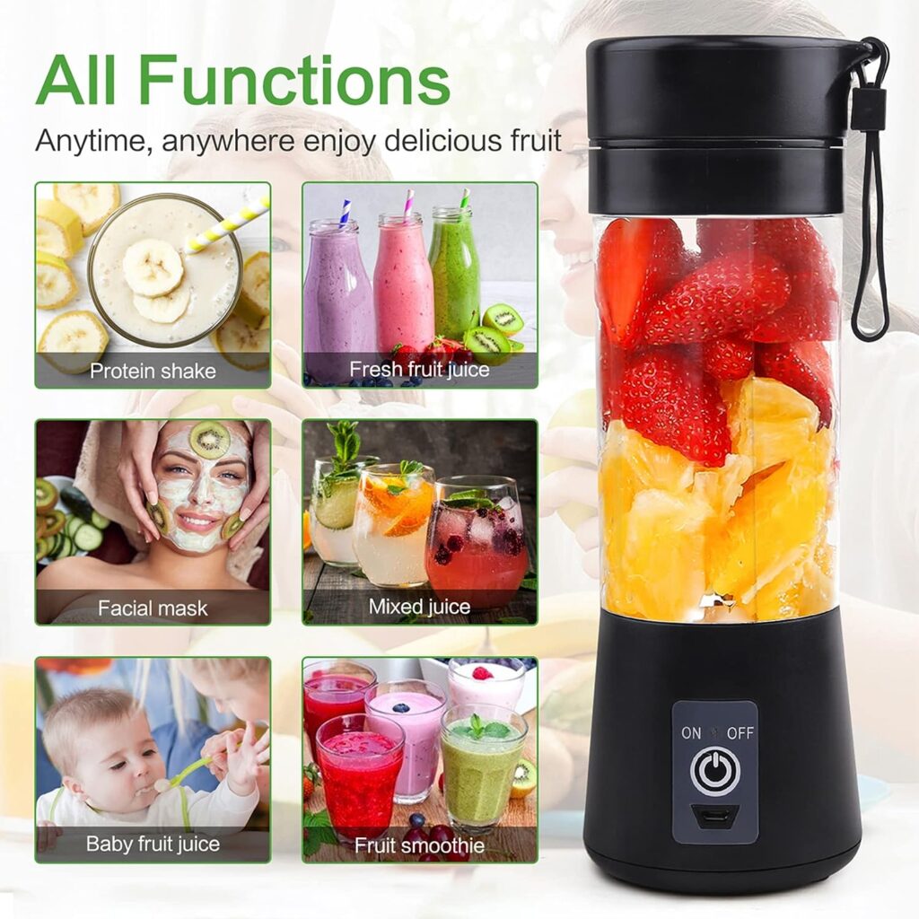 Mixer Smoothie Maker Portable Juicer: 380 ml BPA-Free Stand Mixer Personal Shaker Protein Shake with 6 Stainless Steel Knives Portable USB Mixing Cup for Shakes and Juice, ZZB7367, Black