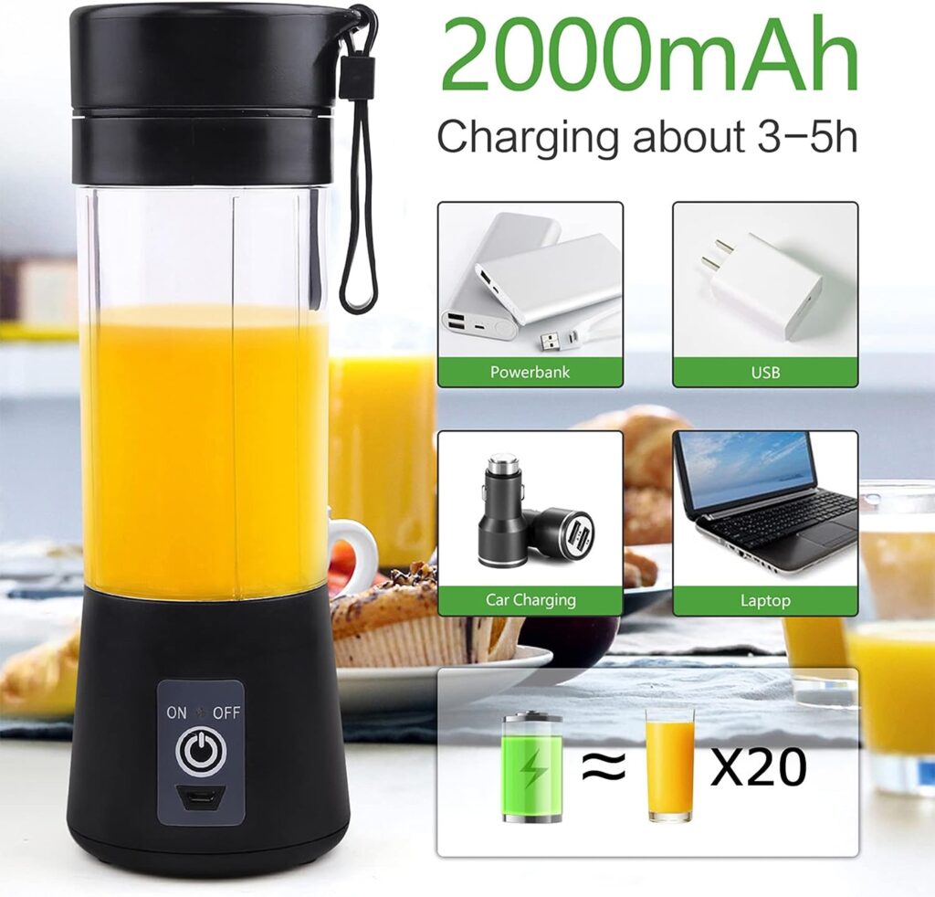 Mixer Smoothie Maker Portable Juicer: 380 ml BPA-Free Stand Mixer Personal Shaker Protein Shake with 6 Stainless Steel Knives Portable USB Mixing Cup for Shakes and Juice, ZZB7367, Black