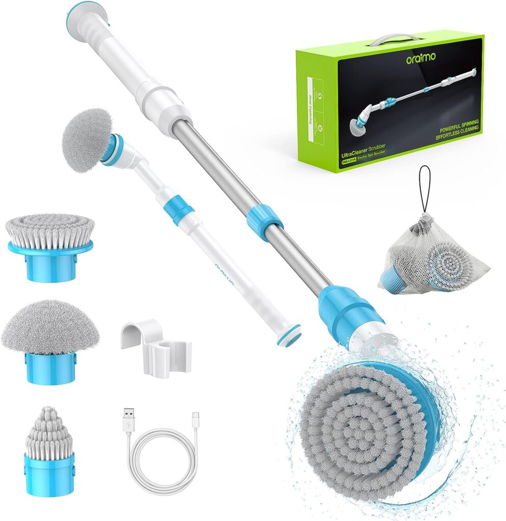 Oraimo Electric Cleaning Brush, 430 RPM Electric Spin Scrubber, Electric Cleaning Brush with Adjustable Telescopic Rod, Interchangeable Brush Heads for Bathtub, Tiles, Floor, Car