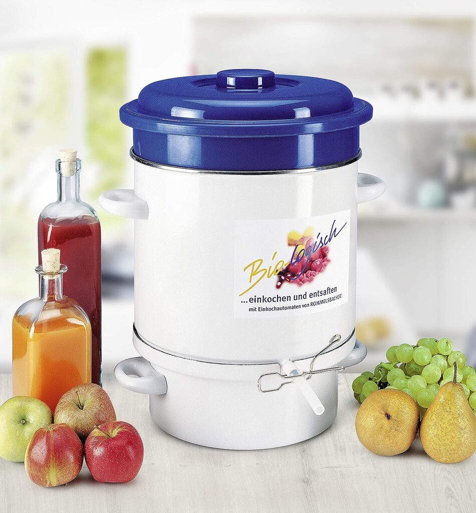 ROMMELSBACHER Steam Juicer EE 1505 - Made in Germany, Heating Element, 2-Layer Enameling, Juice Collection Container: 4 Litres, Fruit Basket, Filling Hose/Clamp, Overheating/Boil Dry Protection, 1500