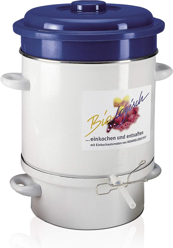 ROMMELSBACHER Steam Juicer EE 1505 - Made in Germany, Heating Element, 2-Layer Enameling, Juice Collection Container: 4 Litres, Fruit Basket, Filling Hose/Clamp, Overheating/Boil Dry Protection, 1500