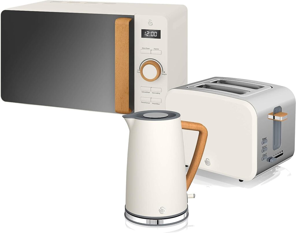 Swan Nordic Set Desayuno Kettle 1.7 L 2200 W Bread Toaster with Wide Slot 2 Slices Microwave 20 L Digital Modern Design Wood Effect White