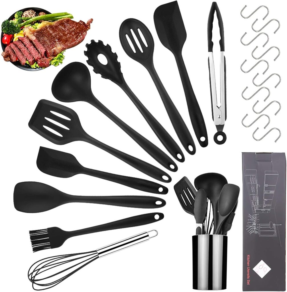 Viesap Kitchen Utensil Set, Silicone Cookware, Kitchen Utensils, Cooking Utensils, Kitchen Utensils Kit, Non-Stick Heat-Resistant Kitchen Appliances, Whisk, Spatula, Barbecue Tongs, etc. 11 Pieces, Black