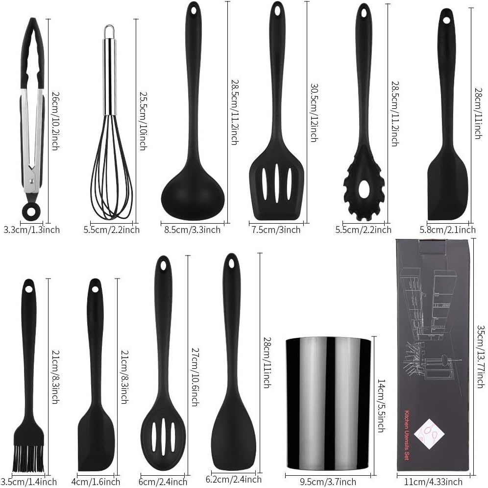 Viesap Kitchen Utensil Set, Silicone Cookware, Kitchen Utensils, Cooking Utensils, Kitchen Utensils Kit, Non-Stick Heat-Resistant Kitchen Appliances, Whisk, Spatula, Barbecue Tongs, etc. 11 Pieces, Black