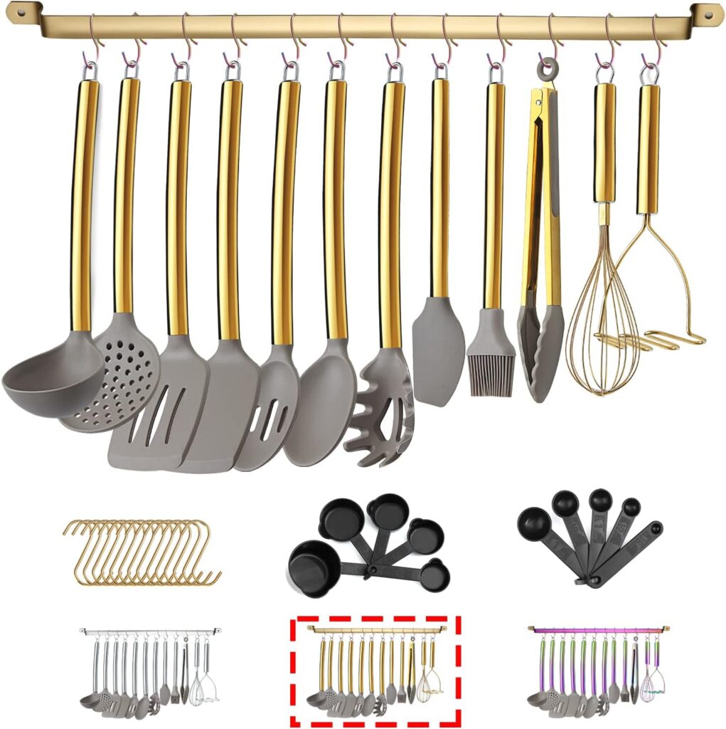 38 Piece Silicone Cookware Set with Utensil Tray, Silicone Head and Stainless Steel Gold Handle Cookware, Kitchen Tools for Utensil Sets (Gold)