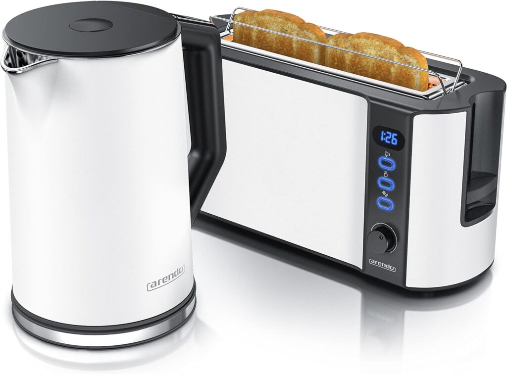 Arendo - Kettle and Toaster Set Stainless Steel White Matt Kettle 1.5 L 40° - 100°C Keep Warm Function Toaster 2 Slices Display 6 Browning Levels Bread Attachment