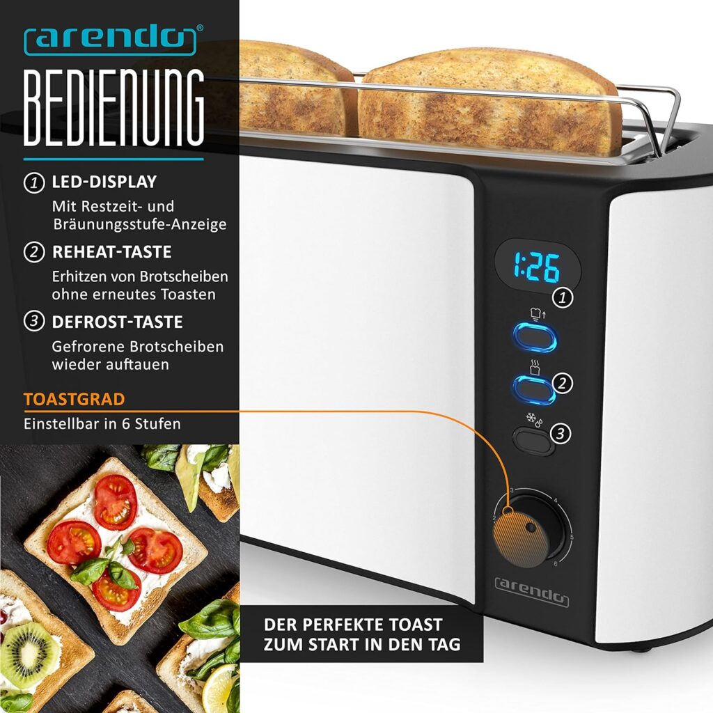 Arendo - Kettle and Toaster Set Stainless Steel White Matt Kettle 1.5 L 40° - 100°C Keep Warm Function Toaster 2 Slices Display 6 Browning Levels Bread Attachment