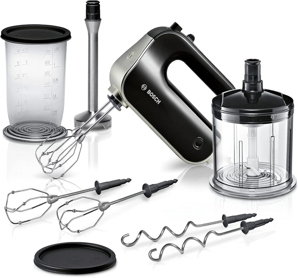 Bosch Handrührer HomeProfessional MFQ4885DE, 2 Rührbesen, 2 Edelstahl-Knethaken, Zerkleinerer, Pürierstab, Mixbecher, 575 W, schwarz