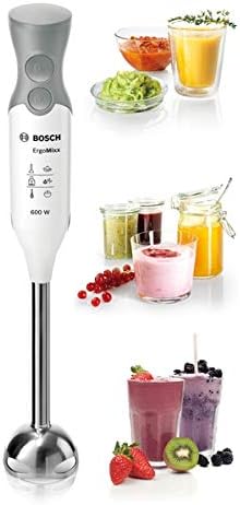 Bosch MSM66110 ErgoMixx hand blender (600 W, with accessories, stainless steel mixing foot, dishwasher-safe, QuattroBlade, with shaker) white / gray