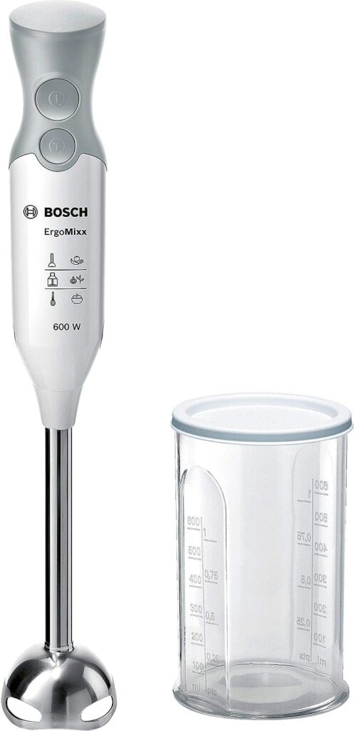 Bosch MSM66110 ErgoMixx hand blender (600 W, with accessories, stainless steel mixing foot, dishwasher-safe, QuattroBlade, with shaker) white / gray