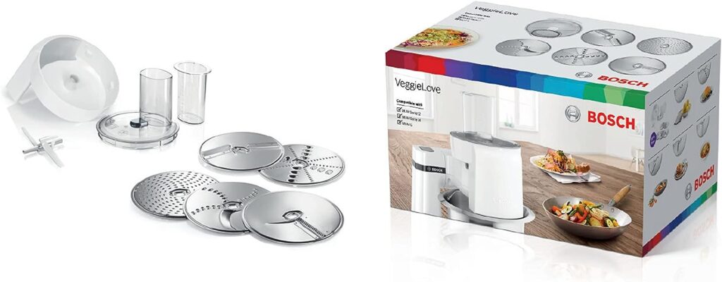 Bosch VeggieLove MUZ5VL1 Accessory Set, Continuous Carver Including 5 Discs (Cutting Reversible Disc, Rasp Reversible Disc, Medium Fine, for Asia Vegetables and Roasters) for MUM5 and MUM Series 2