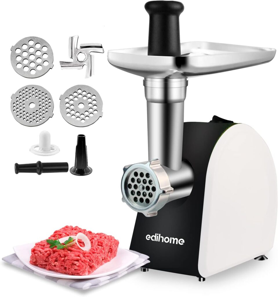 Edihome, Electric Meat Mincer with Sausage Filler, Multifunctional with 3 Cutting Plates (Black/White)