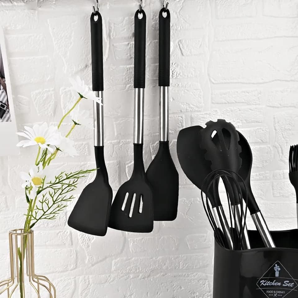 FlyHigh Premium 13-Piece Kitchen Utensil Set - 100% BPA Free Heat Resistant Silicone Non-Stick Coating, Stainless Steel Silicone Handles and Holder - High Quality Silicone Spatula Set (Black)