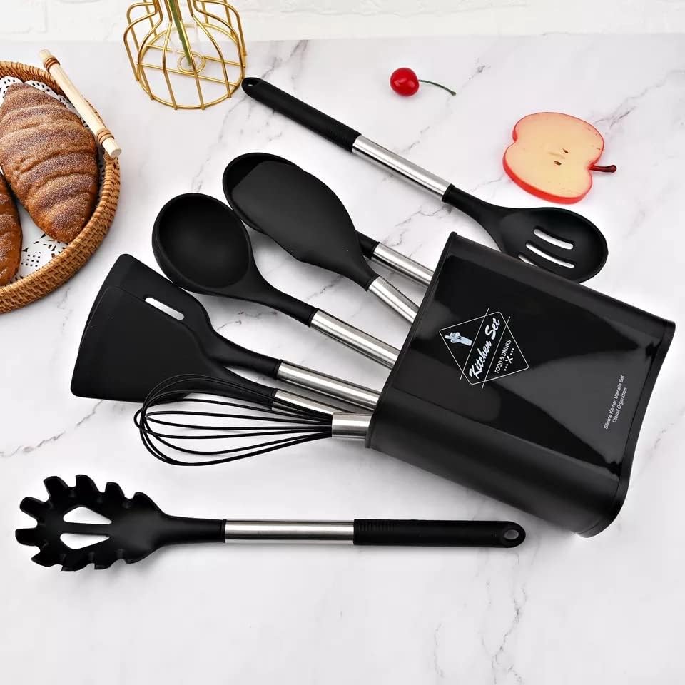 FlyHigh Premium 13-Piece Kitchen Utensil Set - 100% BPA Free Heat Resistant Silicone Non-Stick Coating, Stainless Steel Silicone Handles and Holder - High Quality Silicone Spatula Set (Black)