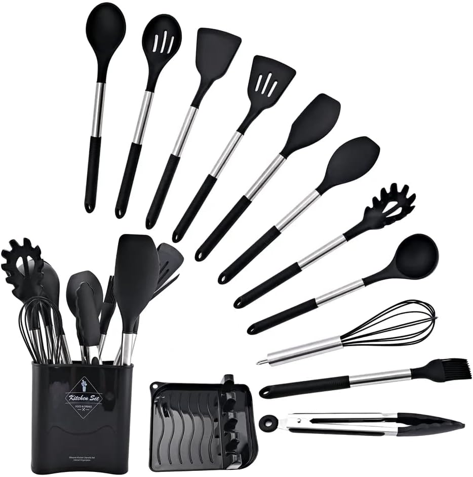 FlyHigh Premium 13-Piece Kitchen Utensil Set - 100% BPA Free Heat Resistant Silicone Non-Stick Coating, Stainless Steel Silicone Handles and Holder - High Quality Silicone Spatula Set (Black)