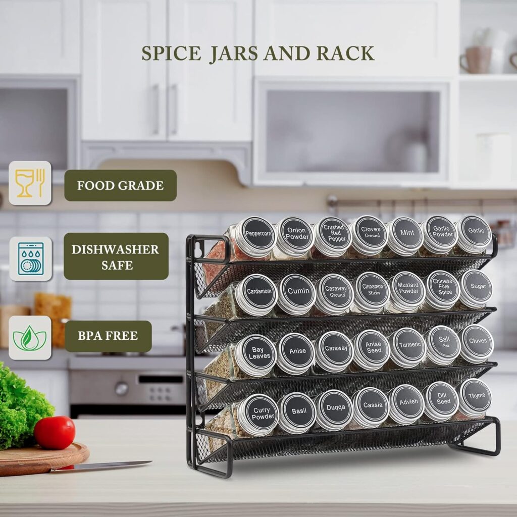 GOI Spice Rack with 28 Spice Jars, 4 Tiers, 386 Spice Labels, Chalk Marker and Funnel Set for Cupboard, Countertop, Pantry or Hanging on Cabinet Doors or Walls