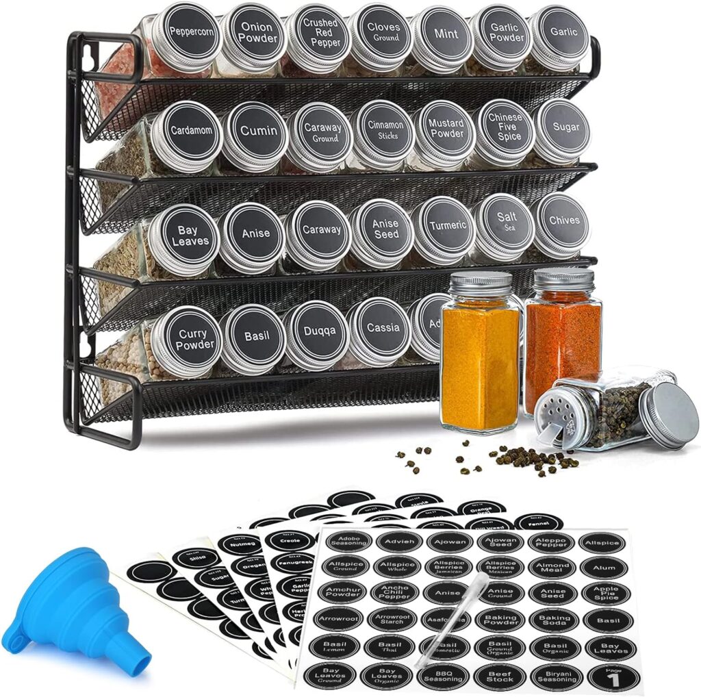 GOI Spice Rack with 28 Spice Jars, 4 Tiers, 386 Spice Labels, Chalk Marker and Funnel Set for Cupboard, Countertop, Pantry or Hanging on Cabinet Doors or Walls