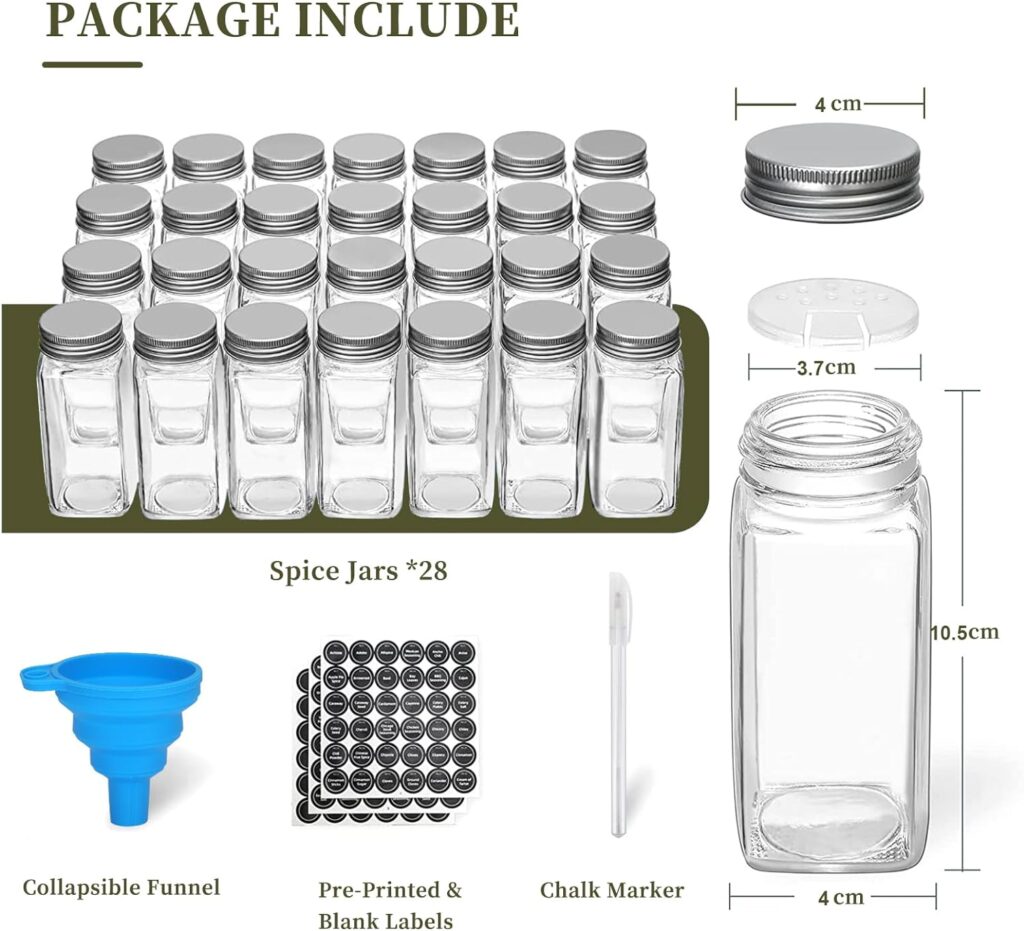 GOI Spice Rack with 28 Spice Jars, 4 Tiers, 386 Spice Labels, Chalk Marker and Funnel Set for Cupboard, Countertop, Pantry or Hanging on Cabinet Doors or Walls