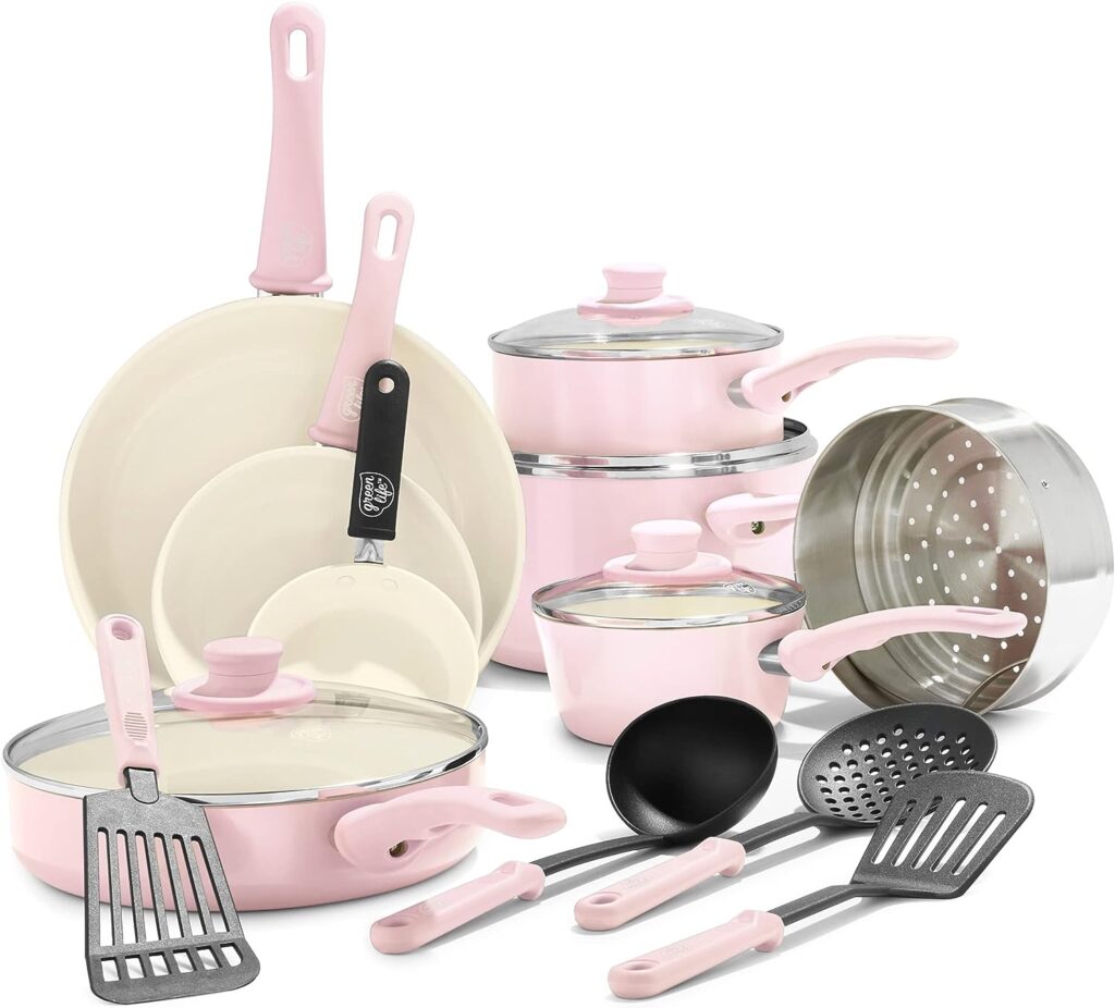 GreenLife Soft Grip 16-Piece Cookware Set, Healthy, Non-Stick Ceramic Coating, with Frying Pan, Saucepan and Cooking Pot, PFAS-Free, Dishwasher-Safe, Oven-Safe, Pink