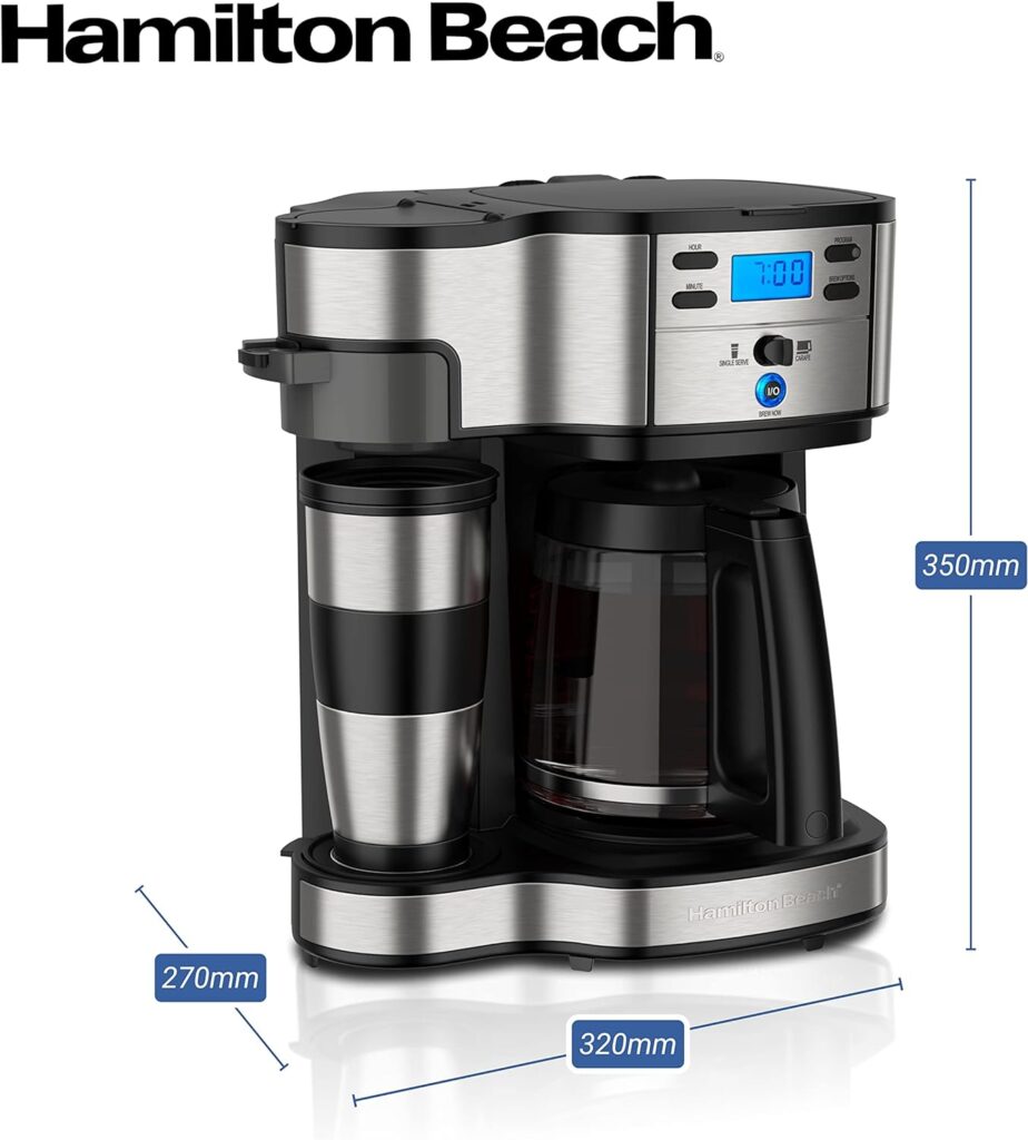 Hamilton Beach Coffee Machine with Double Brewing System, with Travel Mug, up to 12 Cups of Coffee, Programmable Filter Coffee Machine, Fully Automatic Coffee Machine, 1.8 Litres, Black (49980A-CE)