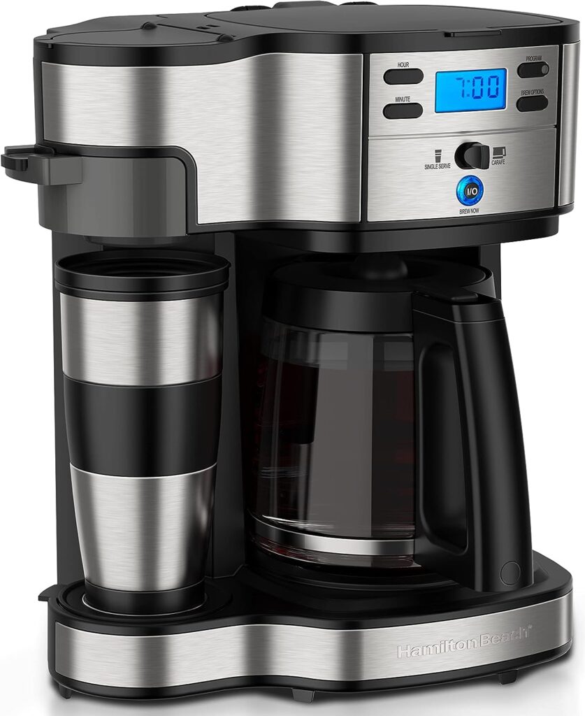 Hamilton Beach Coffee Machine with Double Brewing System, with Travel Mug, up to 12 Cups of Coffee, Programmable Filter Coffee Machine, Fully Automatic Coffee Machine, 1.8 Litres, Black (49980A-CE)